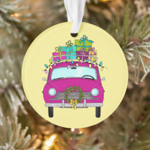 Lila Auto mit Weihnachtsgeschenken Ornament