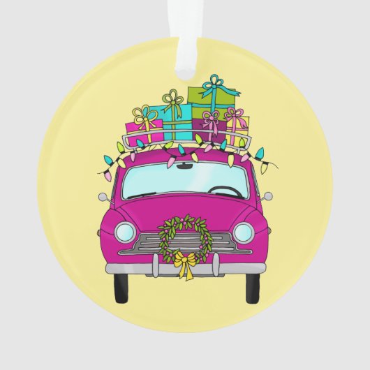 Lila Auto mit Weihnachtsgeschenken Ornament (Rückseite)