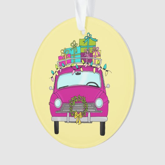 Lila Auto mit Weihnachtsgeschenken Ornament (Vorderseite)