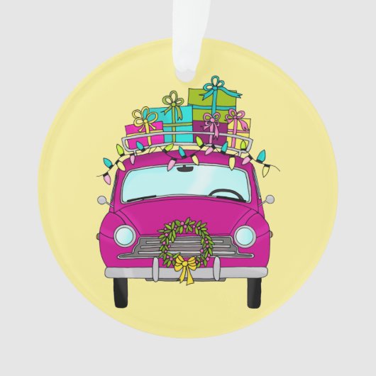 Lila Auto mit Weihnachtsgeschenken Ornament (Vorderseite)