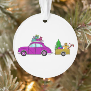 Lila Auto mit Weihnachtsgeschenken Ornament