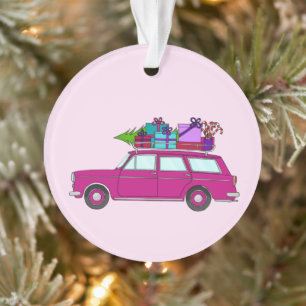 Lila Auto mit Weihnachtsgeschenken Ornament