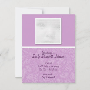 Lila Baby-Announctions-Karten Einladung