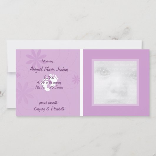 Lila Baby-Bekanntgabe von Foto-Cards Ankündigung (Vorderseite)