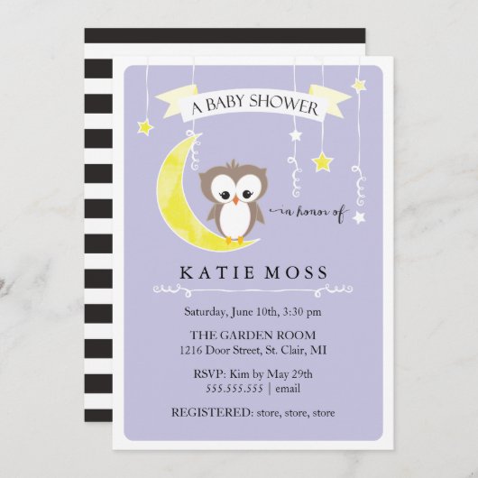 Lila Baby-Duschen-Einladung der kleinen Eulen-| Einladung (Vorne/Hinten)