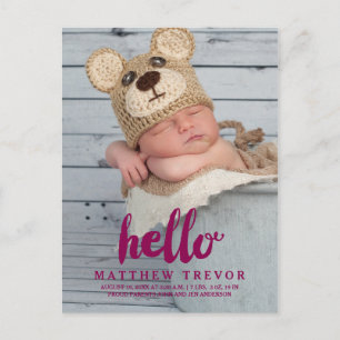 Lila Baby-Geburtsanzeige-Postkarte   Hallo Ankündigungspostkarte