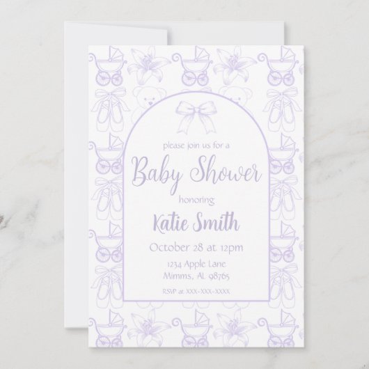 Lila Baby Girl Dusche Einladung (Vorderseite)