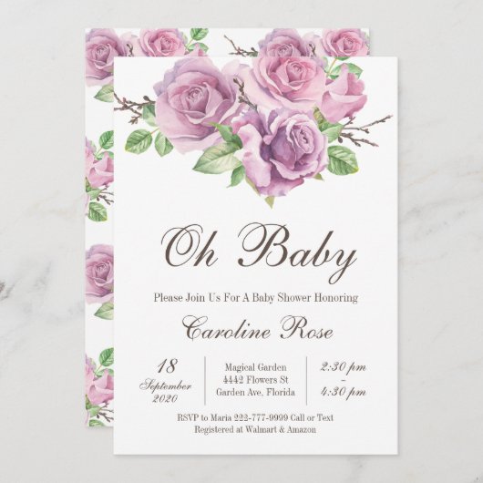 Lila Baby Girl Dusche Einladungen, Lila Blume Einladung (Vorne/Hinten)