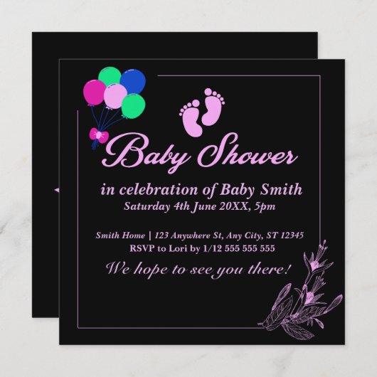 Lila Baby Girl Niedlich Baby Dusche Einladung (Vorne/Hinten)