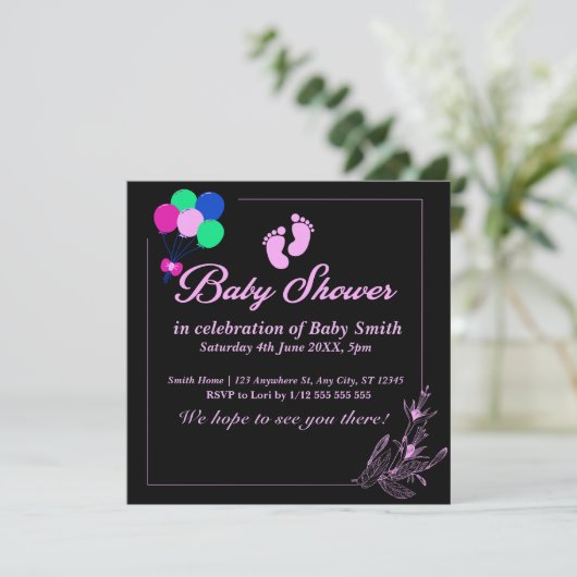 Lila Baby Girl Niedlich Baby Dusche Einladung (Stehend Vorderseite)