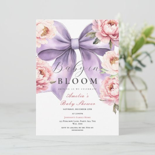 Lila Baby in Bloom Baby Dusche Pink Peony Einladung (Stehend Vorderseite)