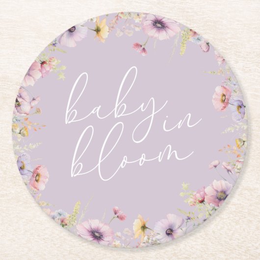 Lila Baby in Blümflora Wildblume Kinderdusche Runder Pappuntersetzer (Vorderseite)