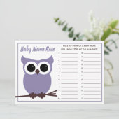 Lila Baby Name Race Baby Duschspiel Einladung (Stehend Vorderseite)