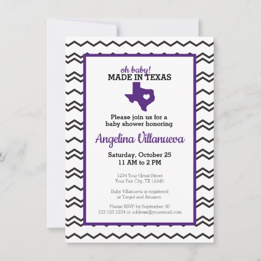 Lila, Baby! Zickzack Made in Texas Dusche Einladung (Vorderseite)