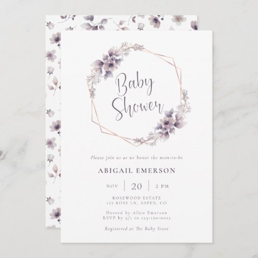 Lila Babydusche Einladung (Vorne/Hinten)