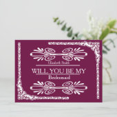 Lila Background Swirl Werden Sie meine Brautjungfr Einladung (Stehend Vorderseite)