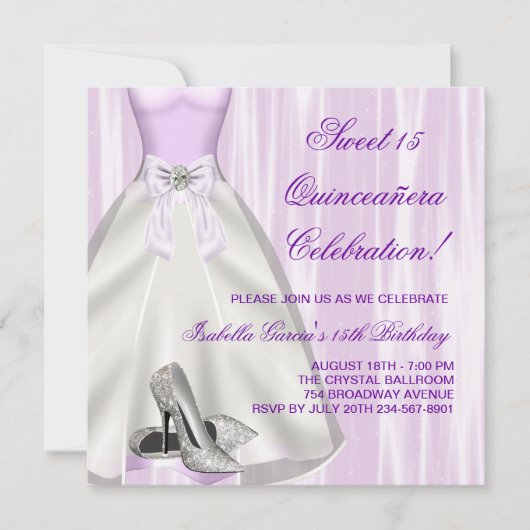 Lila Ball Gown High Heel Shoes Quinceanera Einladung (Vorderseite)
