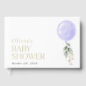 Lila Ballon, Eukalyptus, Grünpflanzen, Babydusche Gästebuch (Vorderseite)