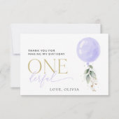 Lila Ballon, Grün, Foliage, erster Geburtstag Dankeskarte (Vorderseite)