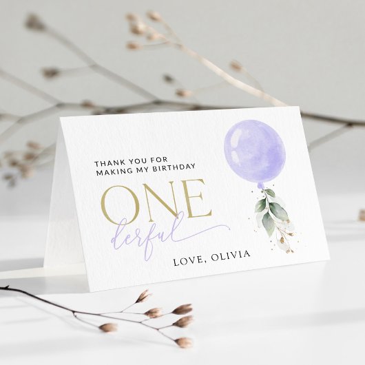 Lila Ballon, Grün, Foliage, erster Geburtstag Dankeskarte