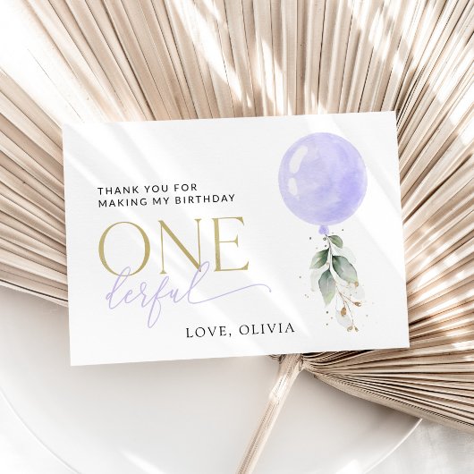 Lila Ballon, Grün, Foliage, erster Geburtstag Dankeskarte