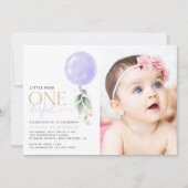 Lila Ballon, Grün, Foliage, erster Geburtstag Einladung (Vorderseite)