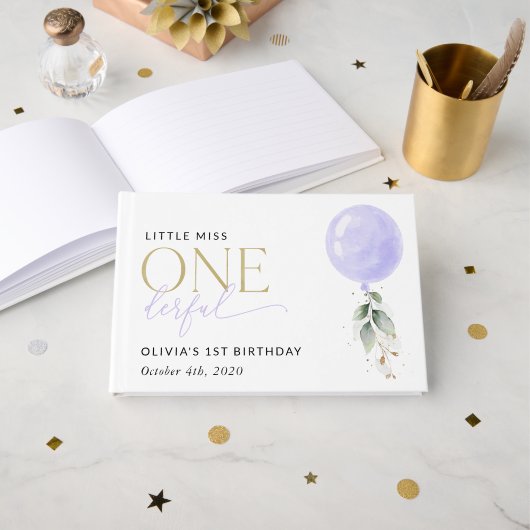 Lila Ballon, Grün, Foliage, erster Geburtstag Gästebuch (Vorderseite Offen)