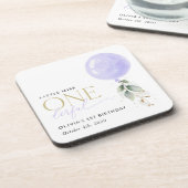 Lila Ballon, Grün, Foliage, erster Geburtstag Getränkeuntersetzer (Linke Seite)