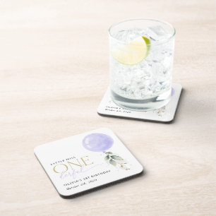 Lila Ballon, Grün, Foliage, erster Geburtstag Getränkeuntersetzer