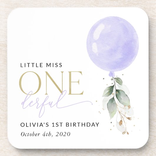 Lila Ballon, Grün, Foliage, erster Geburtstag Getränkeuntersetzer (Vorderseite)