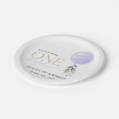 Lila Ballon, Grün, Foliage, erster Geburtstag Pappteller (Schrägansicht)