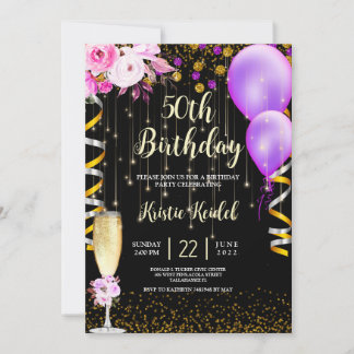 Lila Ballons und Champagner Einladung