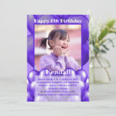 Lila Balloons Foto Geburtstagsparty Einladungen (Stehend Vorderseite)