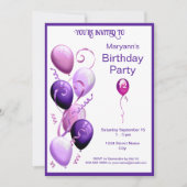 Lila Balloons Geburtstagsparty Einladung (Vorderseite)