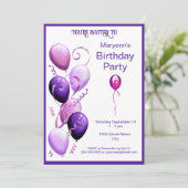 Lila Balloons Geburtstagsparty Einladung (Stehend Vorderseite)