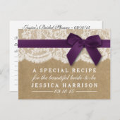 Lila Band auf Kraft- und Spitzen-Brautparty Rezept Einladungspostkarte (Vorne/Hinten)
