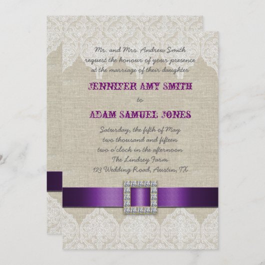 Lila Band-Leinen der weiße Spitze-rustikales Einladung (Vorne/Hinten)