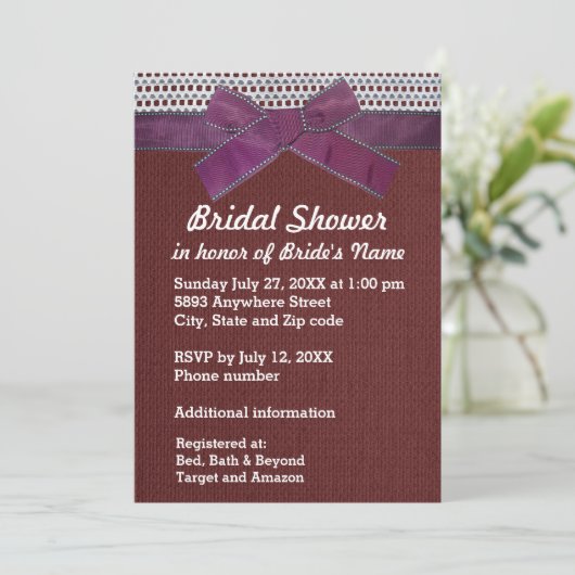 Lila Band, Spitze, Red Burlap Brautparty Inv. Einladung (Stehend Vorderseite)