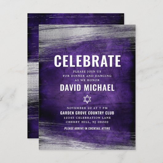 Lila Bar Mitzvah Silver Foil Moderner, fett Begleitkarte (Vorne/Hinten)