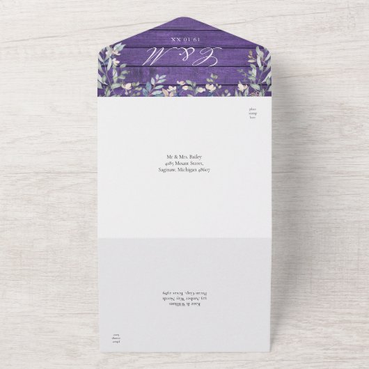 Lila Barnholz Blumengrün Kaskade Hochzeit All In One Einladung (Außenbereich)