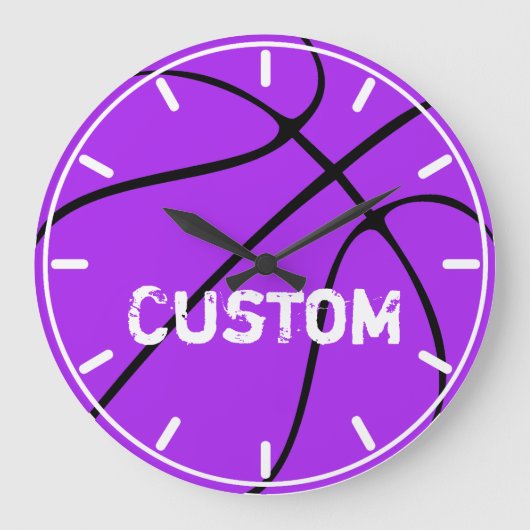 Lila Basketball Zuhause Décor Teamname Große Wanduhr (Vorderseite)