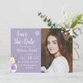 Lila Bat Mitzvah Foto Save the Date (Stehend Vorderseite)