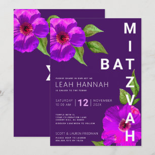 Lila Bat-Mizwa Rosa Florale Wasserfarbe Modern Einladung