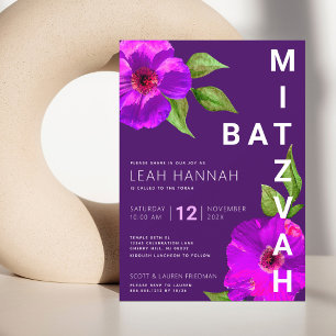 Lila Bat-Mizwa Rosa Florale Wasserfarbe Modern Einladung
