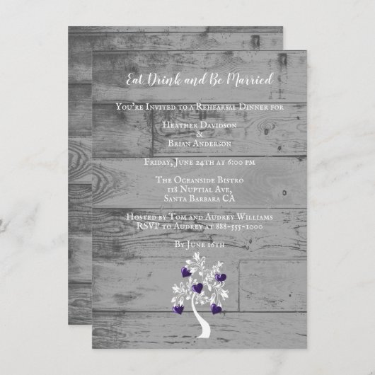 Lila Baum des Herzens Hochzeitsessen Probe Einladung (Vorne/Hinten)