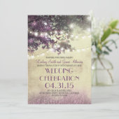 Lila Baumleuchten & Vögel zum Hochzeitsempfang Einladung (Stehend Vorderseite)