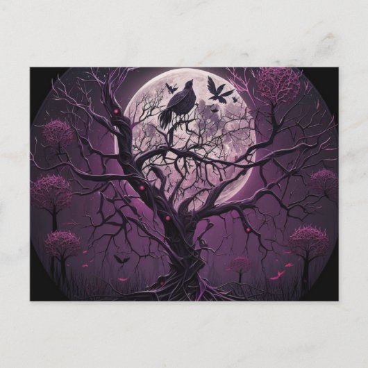 Lila Baumschwarzvögel Vollmond Halloween Feiertagspostkarte (Vorderseite)