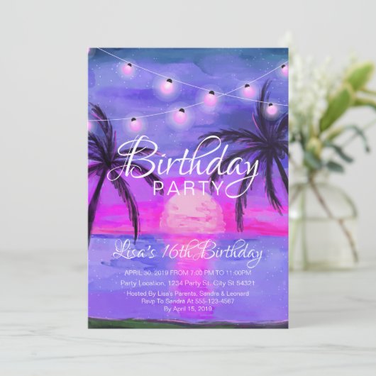 Lila Beach Sunset Geburtstag Einladungen (Stehend Vorderseite)