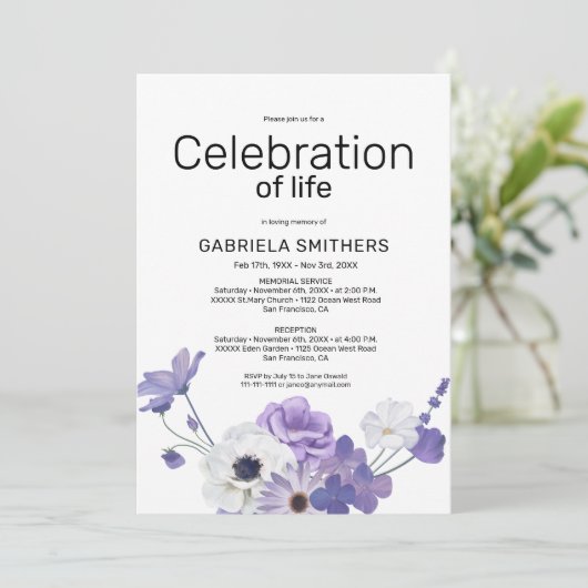 Lila Beerdigung des Lebens Einladung (Stehend Vorderseite)