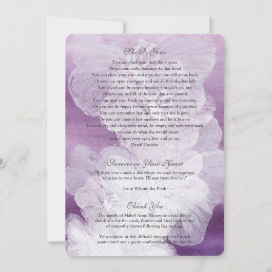 Lila Beerdigung im Gedächtnis dank Karte (Rückseite)